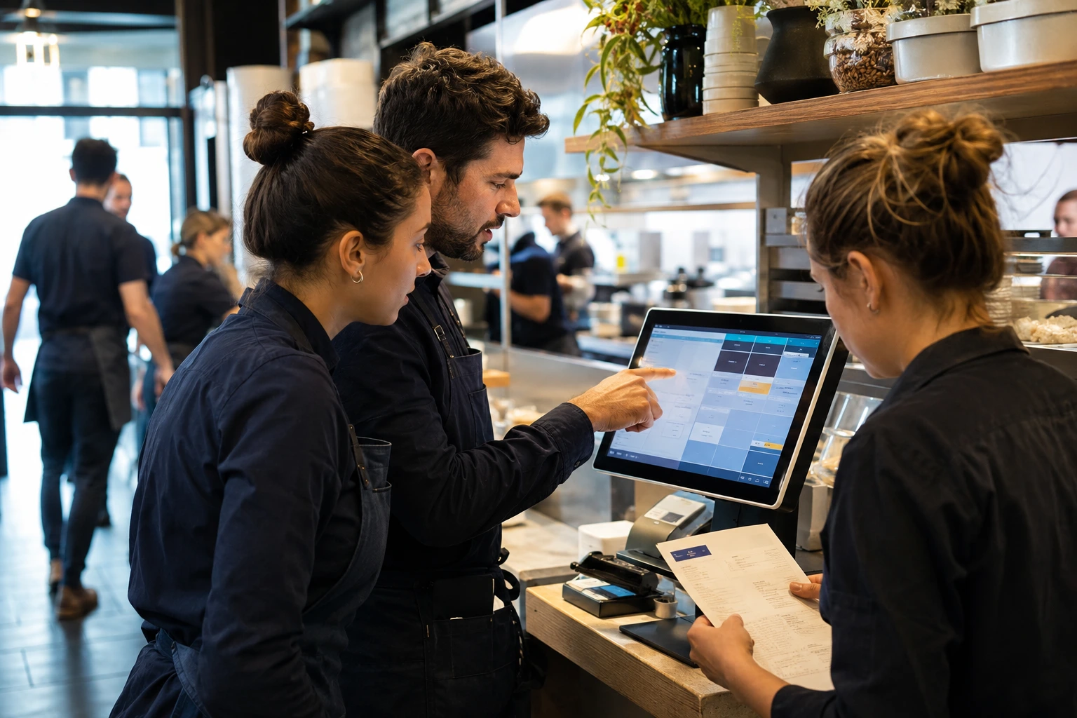 Team bei der Einführung einer neuen Software im laufenden Hospitality-Betrieb